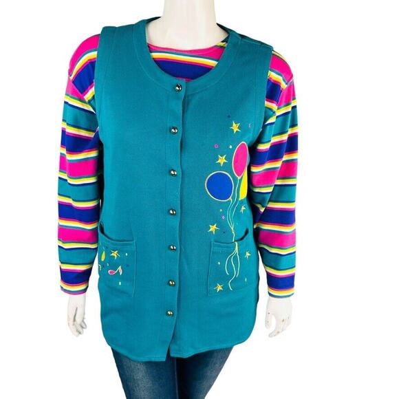 VTG Kathy White Sport Womans 1X Cardigan Shirt Music Stripes Ballon Teal Teacher - Picture 1 of 12